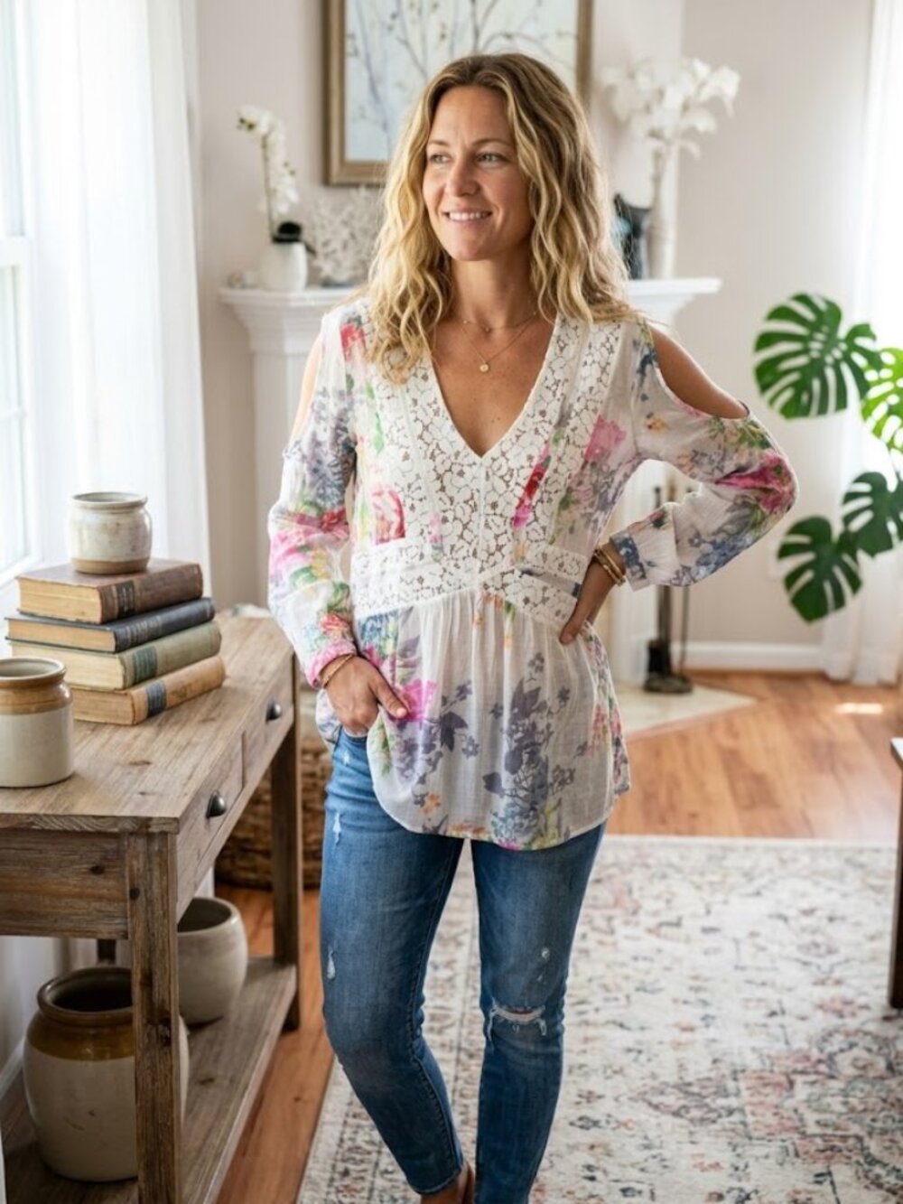 Cyrena Anthropologie Cold Shoulder vibrant floral Lace sheer BOHO Tunic sz L